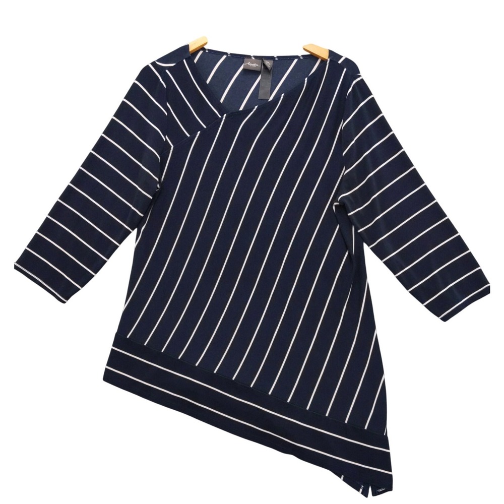 Travelers by Chico's Navy Blue White Stripe Asymmetrical Tunic Top Size 2 L‎